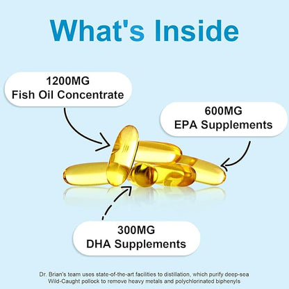 Dr.Brian Omega 3 Fish Oil - 1200 mg |180 Softgels Lemon Flavor rTG Omega3 | EPA & DHA | High Absorption Omega 3 Fatty Acid Supplements for Healthy Heart & Brain -180 Day Supply
