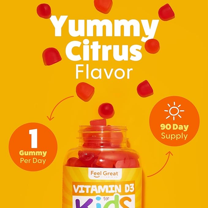 Feel Great Kids Vitamin D3 1000 IU Gummies (2-Pack) | Kids Vitamin D Gummies for Healthy Bones, Mood, & Immune Support | Citrus Flavored Vegetarian D3 Gummies