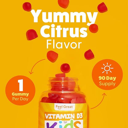 Feel Great Kids Vitamin D3 1000 IU Gummies (2-Pack) | Kids Vitamin D Gummies for Healthy Bones, Mood, & Immune Support | Citrus Flavored Vegetarian D3 Gummies