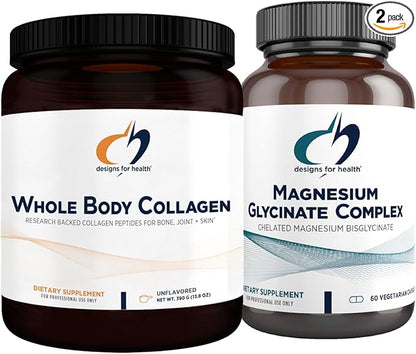 Designs for Health Magnesium Glycinate Complex (60 Capsules) & Whole Body Collagen (30 Servings) Bundle - High Absorption Magnesium with Premium Collagen Powder to Support Bones, Skin & Joints