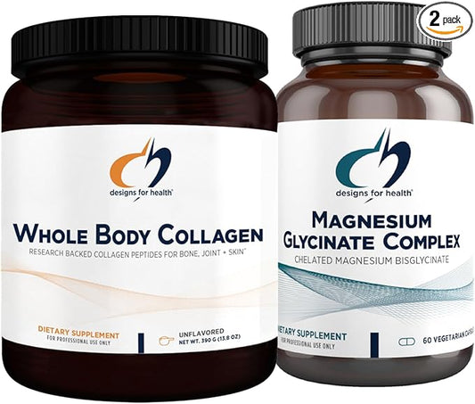 Designs for Health Magnesium Glycinate Complex (60 Capsules) & Whole Body Collagen (30 Servings) Bundle - High Absorption Magnesium with Premium Collagen Powder to Support Bones, Skin & Joints