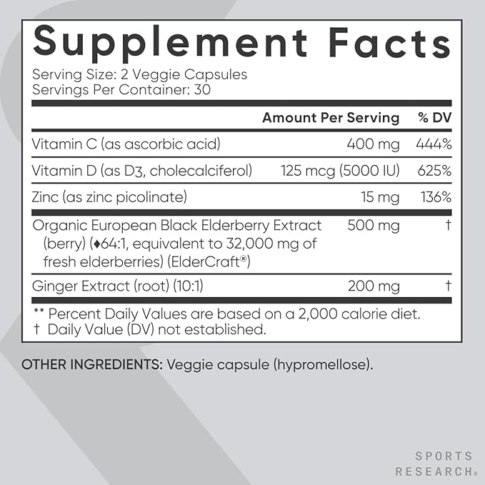 Sports Research Black Elderberry with Zinc, Vitamin C, & Vitamin D, Immune Support Supplement for Adults, 60 Capsules