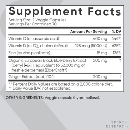 Sports Research Black Elderberry with Zinc, Vitamin C, & Vitamin D, Immune Support Supplement for Adults, 60 Capsules