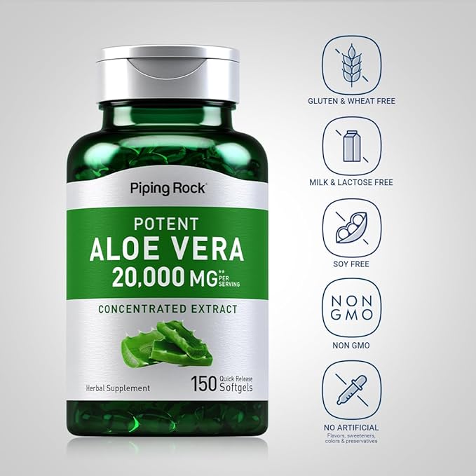 Piping Rock Aloe Vera Softgel Capsules | 20000mg | 150 Pills | Concentrated Extract Supplement | Non-GMO, Gluten Free