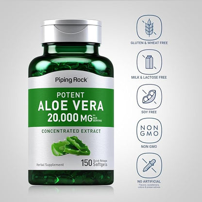 Piping Rock Aloe Vera Softgel Capsules | 20000mg | 150 Pills | Concentrated Extract Supplement | Non-GMO, Gluten Free
