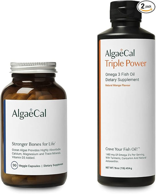 AlgaeCal Bundle - Plant Based Calcium Supplement with Vitamin D3 for Bone Health & Strength & Triple Power Omega-3 Fish Oil Natural Liquid Emulsion with EPA & DHA, Curcumin, Astaxanthin