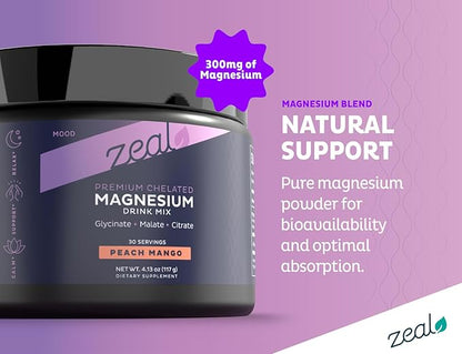 Premium Chelated Peach Mango Magnesium Glycinate, Malate, Citrate Triple Blend Magnesium Complex (Drink Mix (30 Serv.)