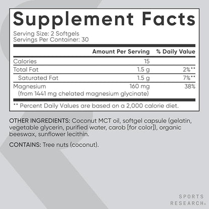 Sports Research® Magnesium Glycinate - Supports Restful Sleep & Enzymatic Processes - 160 mg Chelated Magnesium - Liquid Softgel - 60 Count