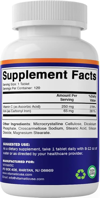 Vitamatic Carbonyl Iron 65 mg with Vitamin C – Gentle Iron Supplement for Energy & Immune Support – High Absorption – 120 Tablets
