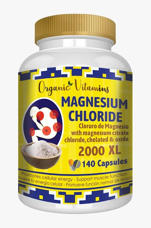 Magnesium Chloride (cloruro de magnesio) 140 Capsules - High Absorption Magnesium Supplement with Citrate, chelated and Oxide High Potency Mg. Easy to Swallow, Non-GMO