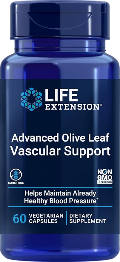 Life Extension Advanced Olive Leaf Vascular Support Promotes Cardiovascular & Circulatory Health – Gluten-Free, Non-GMO, Vegetarian – 60 Vegetarian Capsules