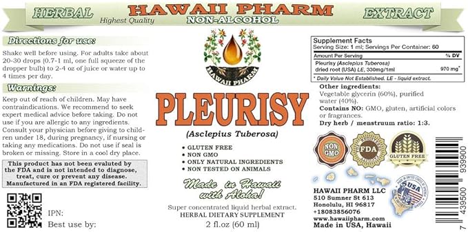 Pleurisy Root Alcohol-Free Liquid Extract, Pleurisy Root (Asclepius tuberosa) Dried Root Glycerite Natural Herbal Supplement, Hawaii Pharm, USA 2x2 fl.oz