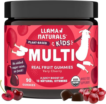 Llama Naturals Kids Multivitamin Gummies, Vegan, Organic with Vitamin D, C & K, Toddler Real Fruit Gummy Vitamins, Chewable Supplement, Whole Food Multivitamin, No Added Sugar Cane, Cherry, 90 Ct