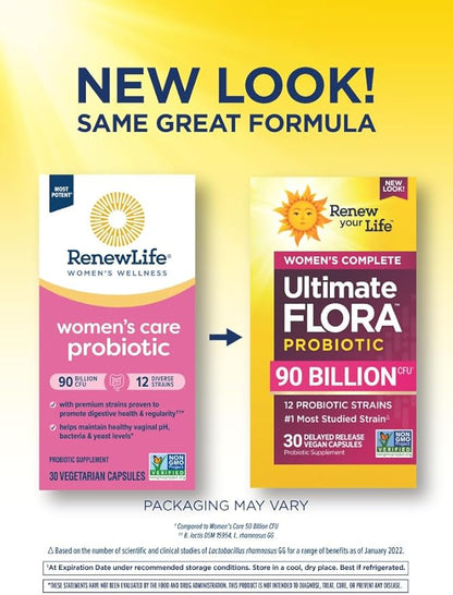 Ultimate Flora Probiotics for Women 90 Billion CFU Delayed Release Vegan Capsules | Vaginal | Digestive Health | Immune Health | Dairy Free | 30 Count