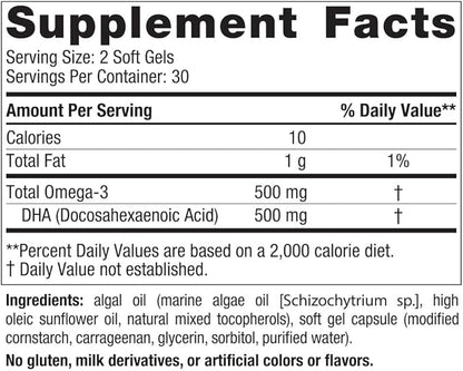 Nordic Naturals Algae DHA - 60 Soft Gels - 500 mg Omega-3 DHA - Certified Vegan Algae Oil - Plant-Based DHA - Brain, Eye & Nervous System Support - Non-GMO - 30 Servings