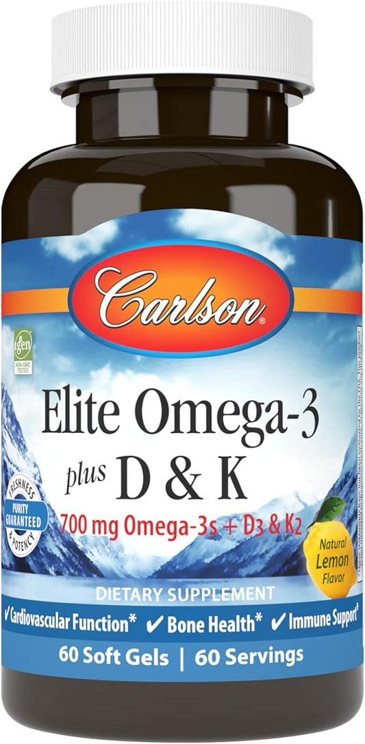 Carlson - Elite Omega-3 Plus D & K, 700 mg Omega-3s + D3 & K2, Function, Bone Health & Immune Support, Lemon, 60 Softgels