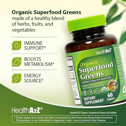 HealthA2Z® Organic Superfood Greens | 60 Tablets | Greens Blend 720mg | Fruits & Veggies Blend 580mg | Alfalfa, Broccoli, Spinach, Spirulina, Apple, Beet Root, Strawberry & Much More!