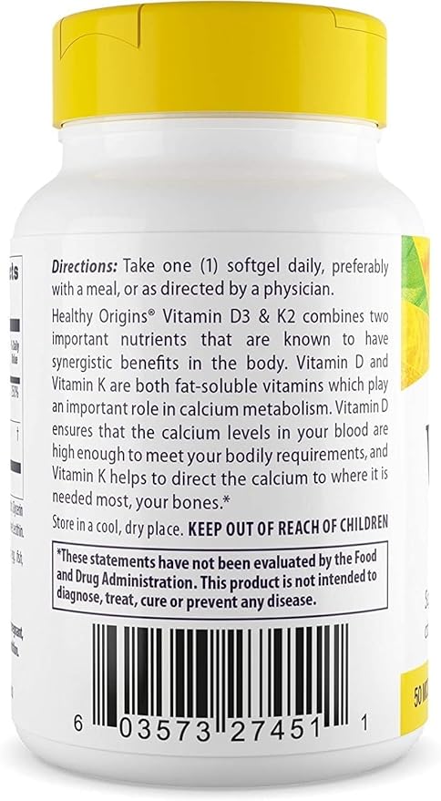 Healthy Origins Vitamin D3 & K2 - Vitamin D3, 50 mcg - Vitamin K2, 200 mcg - Easily Absorbable Vitamin D & Vitamin K Supplements - Non-GMO & Gluten-Free Supplements - 60 Softgels