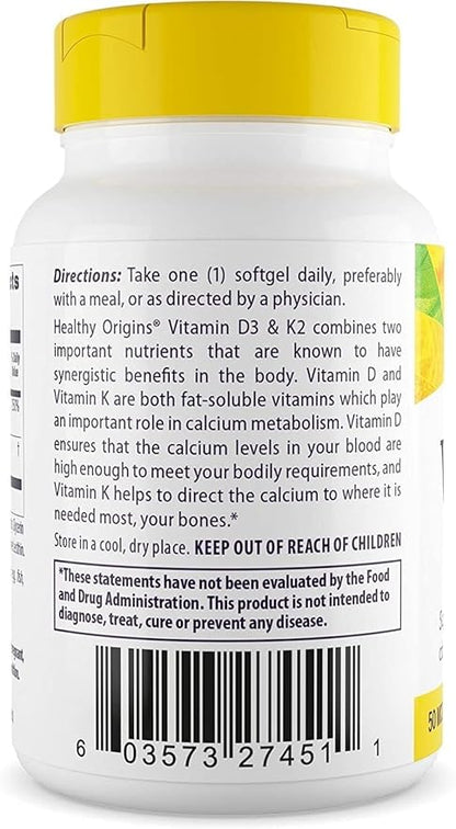 Healthy Origins Vitamin D3 & K2 - Vitamin D3, 50 mcg - Vitamin K2, 200 mcg - Easily Absorbable Vitamin D & Vitamin K Supplements - Non-GMO & Gluten-Free Supplements - 60 Softgels