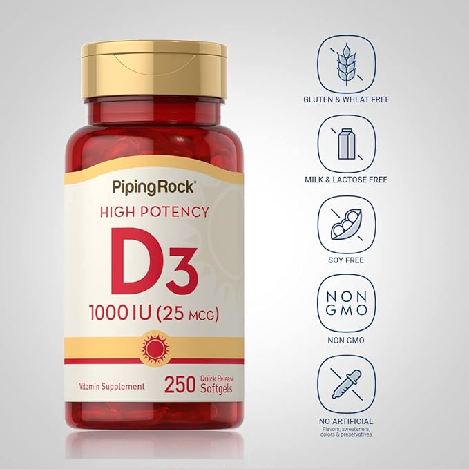 Piping Rock Vitamin D3 1000IU | High Potency (25 mcg) | 250 Softgels | Non-GMO, Gluten Free Supplement
