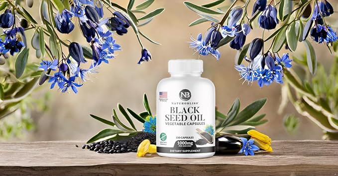 NaturoBliss Black Seed Oil - 150 Softgel Capsules Skin Health (Non-GMO & Vegan) Premium Cold-Pressed Nigella Sativa Producing Pure Black Cumin Seed Oil - 1000mg Per 2 Capsule Serving - 75 Servings
