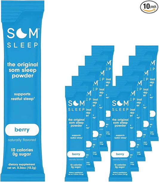 Som Sleep, Restful Calm Sleep Powder Drink Mix w/Melatonin, Magnesium, Vitamin B6, L-Theanine & GABA – Vegan, Zero Sugar, Keto Friendly – Berry, 10-Pack