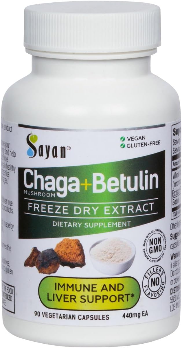 Sayan Siberian Chaga Mushroom Extract with Betulin – 90 Capsules/440mg ea – Wild-Harvested Antioxidant Blend – Immune System Support & Regulate Body Functions – Vegan, Non-GMO, No Fillers or Additives
