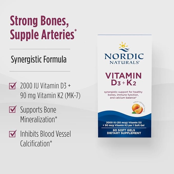 Nordic Naturals Vitamin D3 + K2, Orange Taste - 60 Soft Gels - Synergistic Support for Bones, Immune Function & Calcium Balance - Non-GMO - 60 Servings