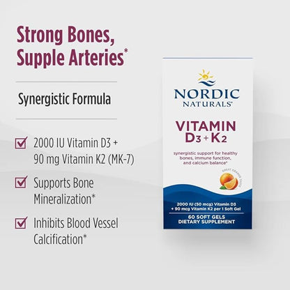 Nordic Naturals Vitamin D3 + K2, Orange Taste - 60 Soft Gels - Synergistic Support for Bones, Immune Function & Calcium Balance - Non-GMO - 60 Servings