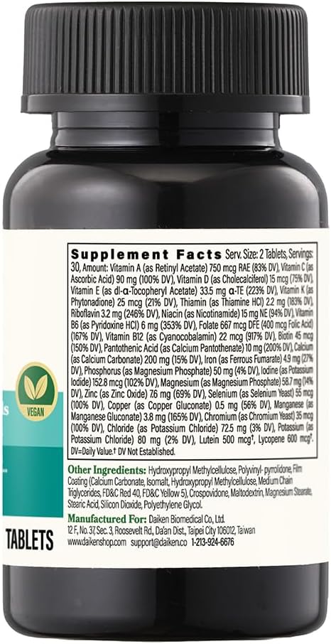 DAIKEN Mini Multivitamin, 60 Tablets, Enhanced with Lutein, Lycopene & Folic Acid, Time Released Multivitamin for Women & Men, Vegan & Easy to Swallow (Pack of 2)