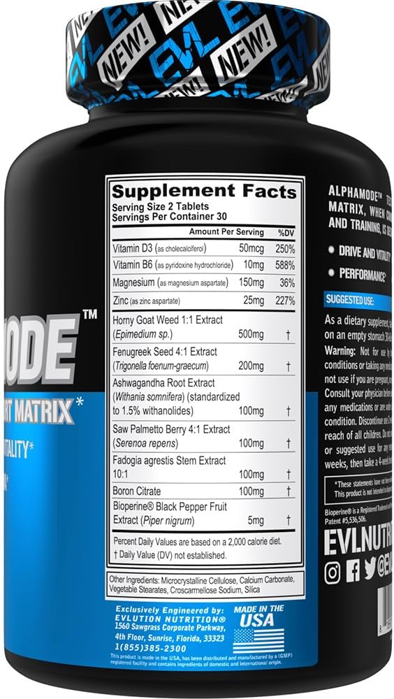 Evlution Nutrition Alphamode - Support Matrix for Men - Performance + Recovery Supplement Strength + Stamina Support - Vitamin D3 & B6, Ashwagandha Root & Horny Goat Weed Extract - 30 Servings