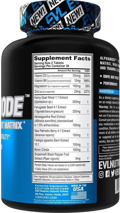 Evlution Nutrition Alphamode - Support Matrix for Men - Performance + Recovery Supplement Strength + Stamina Support - Vitamin D3 & B6, Ashwagandha Root & Horny Goat Weed Extract - 30 Servings