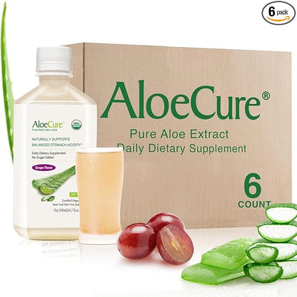 AloeCure USDA Organic Aloe Vera Juice Grape Flavor, Made Within 12 Hours of Harvest - Pure Aloe Vera Digestive & Immune Health Supplement, Helps Maintain Balanced Stomach Acidity, 16.7oz x 6 Btls