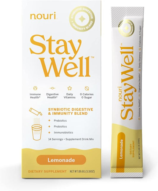 Nouri Daily StayWell Lemonade Drink Mix | Probiotics, Prebiotics, Colostrum, L-Glutamine, Vitamins D & B12, Magnesium, Manganese & Zinc for Gut Health, Digestion & Immunity | 14 Stick Packs