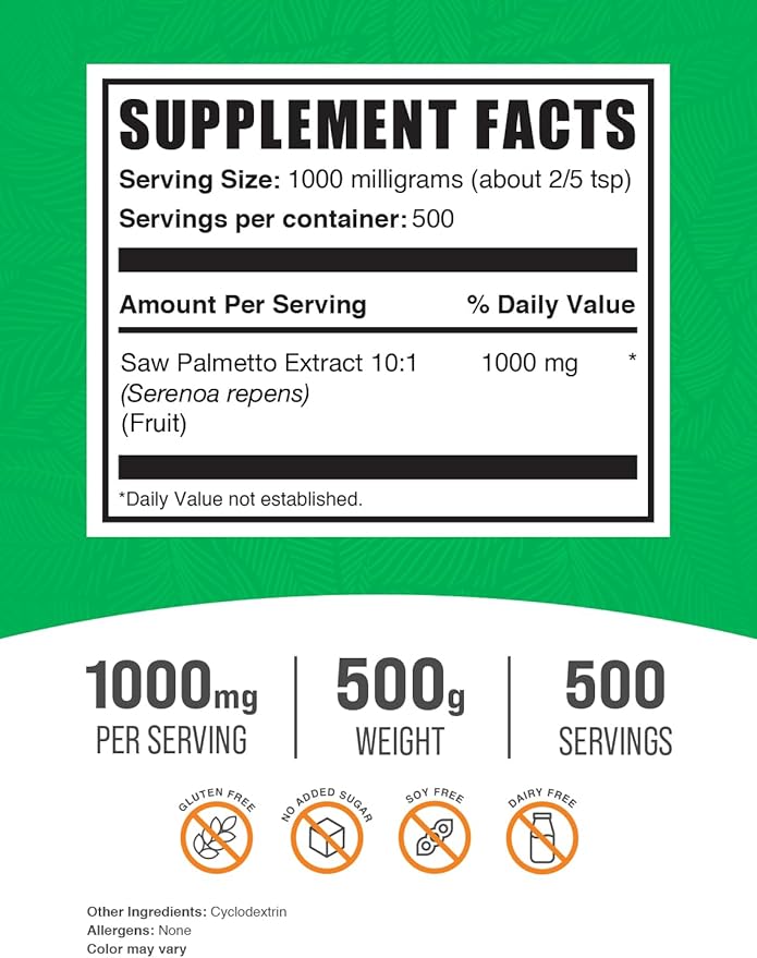 BulkSupplements.com Saw Palmetto Extract Powder - Serenoa Repens, Saw Palmetto Supplement, Saw Palmetto Powder - Vegan & Gluten Free, 1000mg per Serving, 500g (1.1 lbs) (Pack of 1)