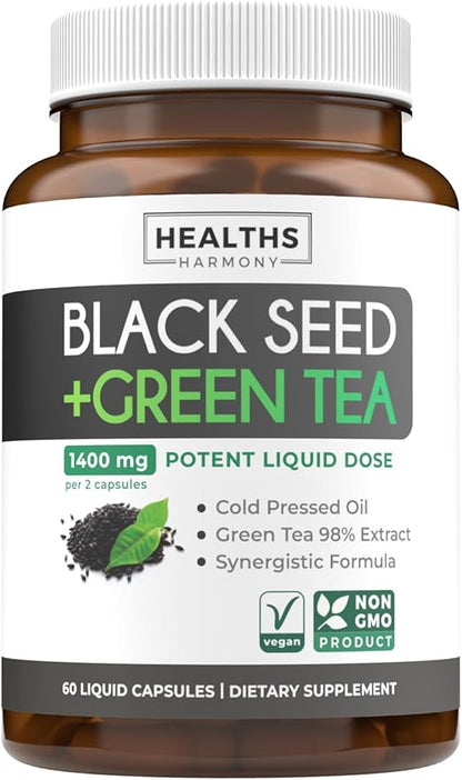 Black Seed Oil Capsules with Green Tea Extract - 1400mg - 60 Liquid Capsules (Non-GMO & Vegan) - Natural Energy Support with Minimal Caffeine for Mental Clarity & Focus