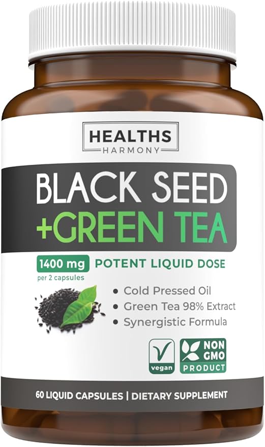Black Seed Oil Capsules with Green Tea Extract - 1400mg - 60 Liquid Capsules (Non-GMO & Vegan) - Natural Energy Support with Minimal Caffeine for Mental Clarity & Focus