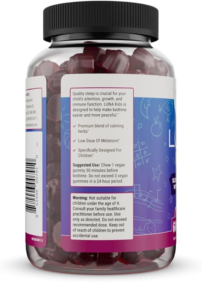 Nested Naturals Luna Kids Sleep Gummies - Non-Habit Forming Kids Melatonin Gummy with Valerian Root, Chamomile, and Lemon Balm - Children's Melatonin Sleep Aid - Mixed Berry, 60 Vegan Gummies