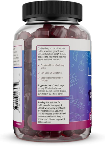 Nested Naturals Luna Kids Sleep Gummies - Non-Habit Forming Kids Melatonin Gummy with Valerian Root, Chamomile, and Lemon Balm - Children's Melatonin Sleep Aid - Mixed Berry, 60 Vegan Gummies