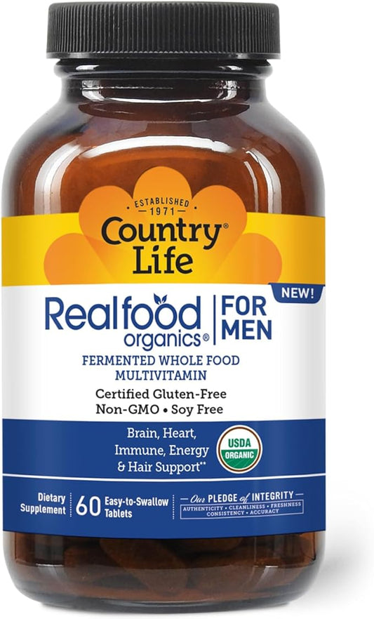 Country Life RealFood Organics for Men – 60 Tablets | 1,300mg Organic Fermented Whole Foods, 7-Mushroom Superfood & Aloe – Certified Gluten-Free, Vegan & USDA Organic Multivitamin