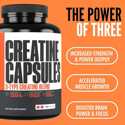 Crazy Muscle Creatine Capsules, 5g of Premium 3X ThreeAtine Pre Workout Bulk Mass Gainer, High Absorption Easy to Take Creatine Monohydrate, Optimum Performance for Men Women, 360 Capsules