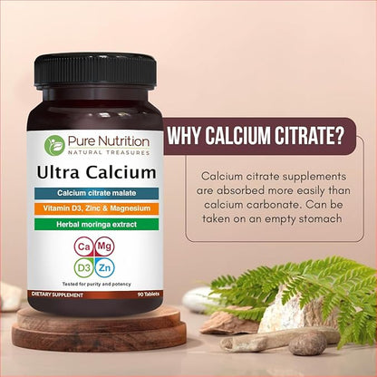Pure Nutrition Ultra Calcium 1000mg with VIT D3 + K2 | 270 Tabs (90 X Pack of 3) | Highly absorbable Calcium Supplement with Calcium Citrate Malate, VIT D3, K2, Moringa Oleifera, Magnesium and Zinc.