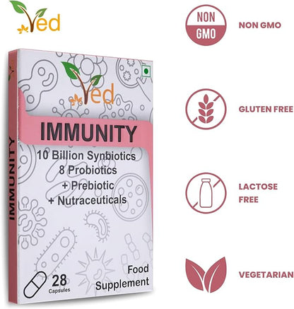 Ved Immunity Complex Probiotics and Prebiotics Complex - 10 Billion CFU - 20 Live Bacterial Cultures - 28 Probiotic Complex- Lactobacillus Plantarum, Casei.