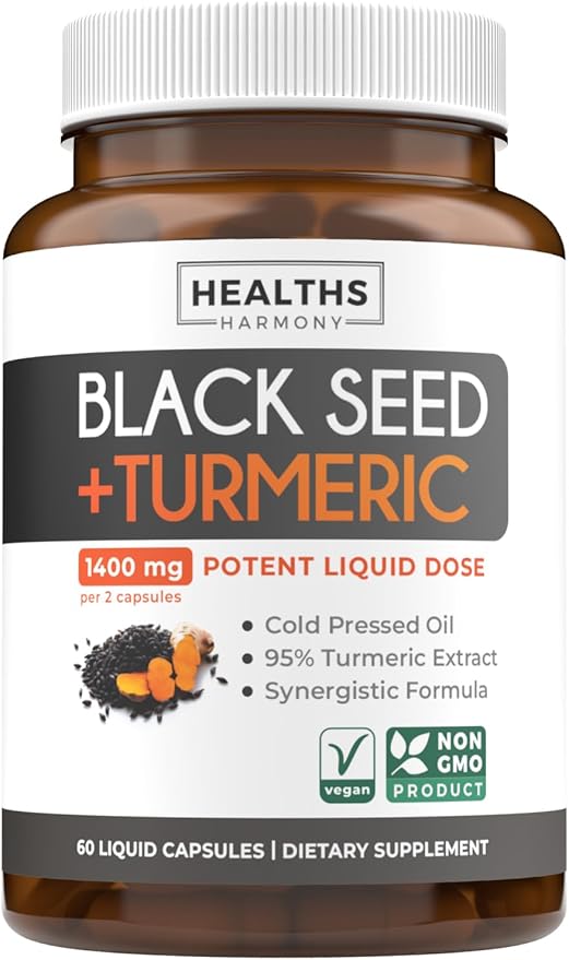 Black Seed Oil & Turmeric Supplement - 1400mg - 60 Liquid Capsules (Non-GMO & Vegan) - Natural Support for Healthy Joints and with Enhanced Curcumin Absorption
