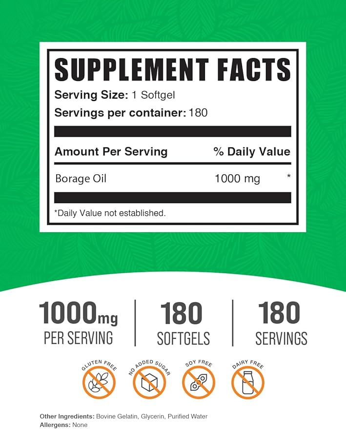 BulkSupplements.com Borage Oil Softgels - Gamma Linolenic Acid Supplement, Borage Oil Supplements, Borage Oil 1000mg - Gluten Free, 1 Softgel per Serving, 180 Count (Pack of 1)