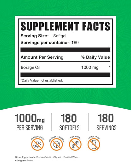 BulkSupplements.com Borage Oil Softgels - Gamma Linolenic Acid Supplement, Borage Oil Supplements, Borage Oil 1000mg - Gluten Free, 1 Softgel per Serving, 180 Count (Pack of 1)
