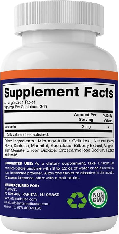 Vitamatic Melatonin 3mg Tablets | Vegetarian, Non-GMO, Gluten Free | 1 Year Supply | Natural Berry Flavor - 365 Tablets