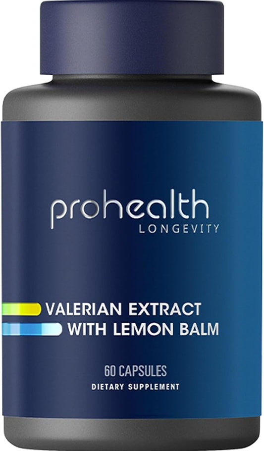 ProHealth Valerian Extract + Lemon Balm (60 Capsules) 160 mg Valerian + 80 mg Lemon Balm | Relaxation & Sleep Support | No Morning Grogginess | Vegan | Gluten Free | Soy Free