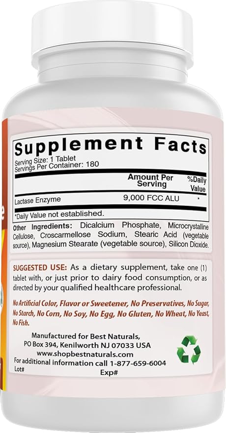 Best Naturals Lactose Intolerance Relief Tablets with Natural Lactase Enzyme, Fast Acting High Potency Lactase, 9000 FCC ALU, 90 Count
