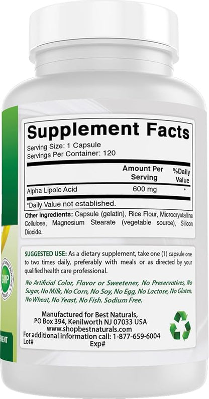 Best Naturals Alpha Liopic Acid 600 mg 120 Count - ALA Alpha Lipoic Acid Powerful Antioxidant